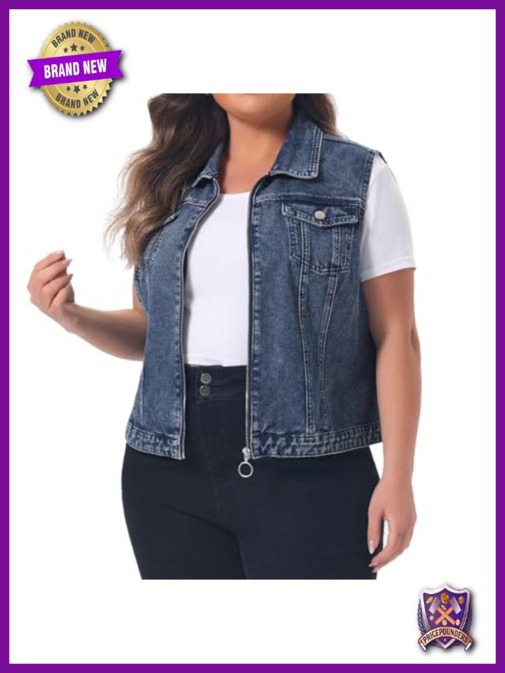 Plus Size Denim Vest Sleeveless Zip Up Button Down Regular Fit